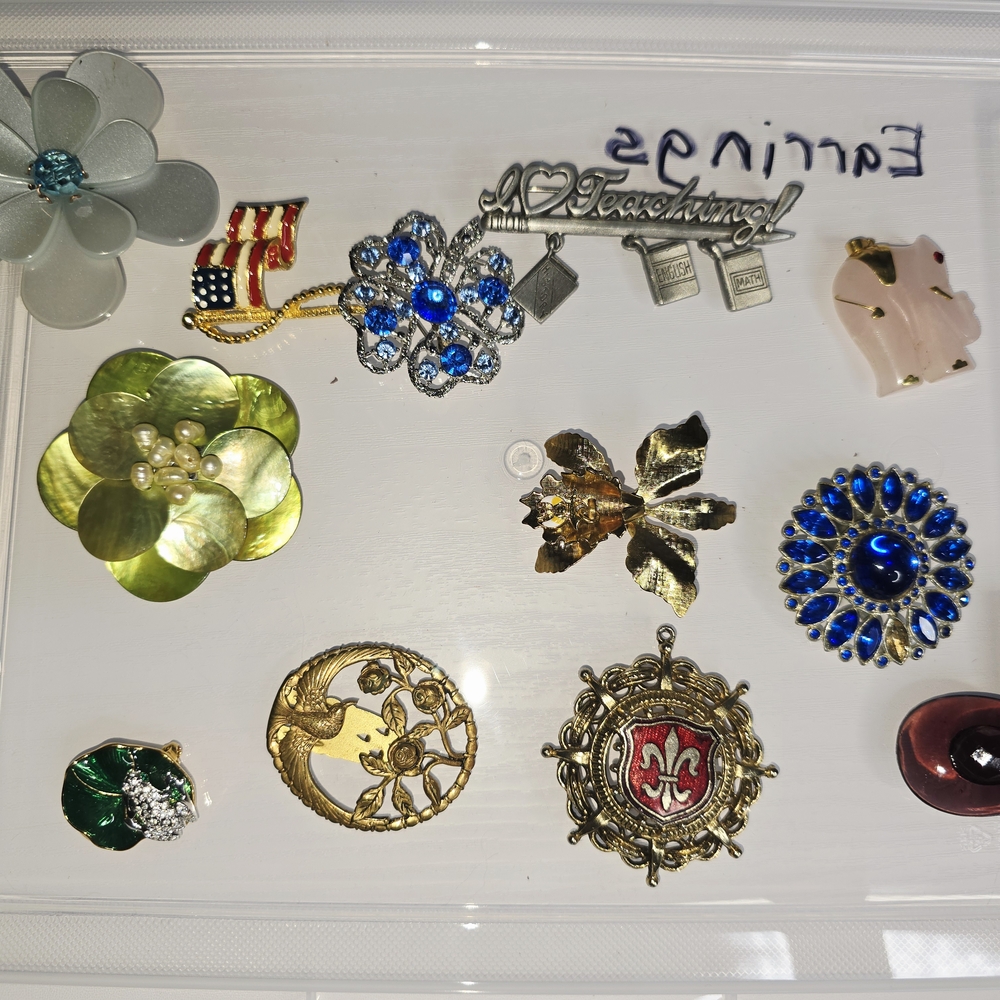 Unique Vintage Brooch Collection with Blue and Gold Accents